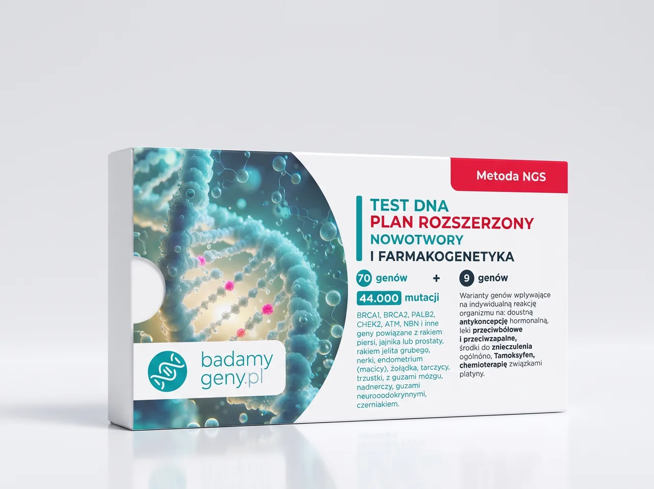 Pudełko testu DNA Plan Rozszerzony — ujęcie boczne